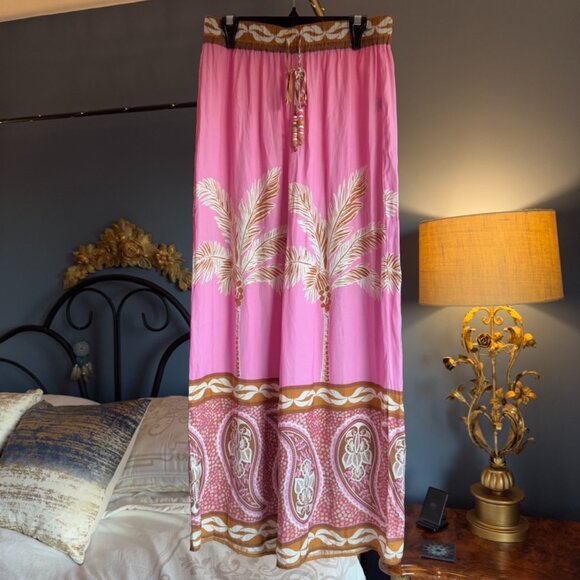 Maison d'Amelie Paris Pink Palm Wide Leg Silky Pants - Picture 2 of 10